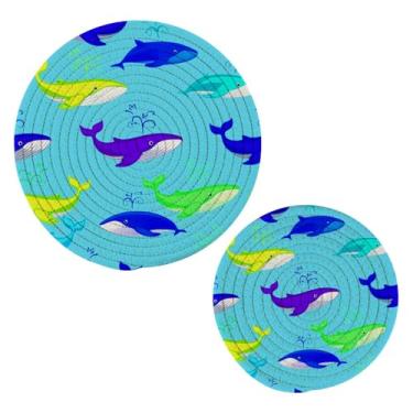 Imagem de Wassud Baleias engraçadas trivet para pratos quentes suportes de panela redondos de algodão almofadas quentes elegantes porta-copos decoração de cozinha e acessórios, 2 peças