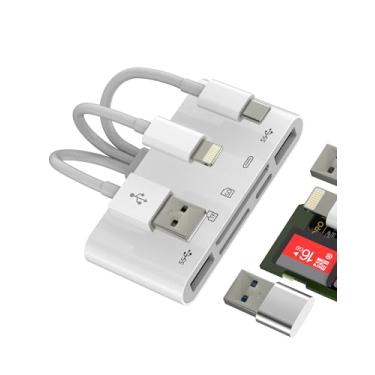 Imagem de Adaptador USB C Lightning USB para USB 3.0 OTG (5 em 3) para cabo carregador da Apple, leitor de cartão SD micro SD para iPhone 16 15 14 para iPad, leitor de cartão TF, câmera digital, fotos de