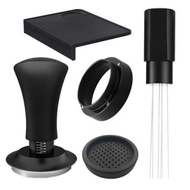 Imagem de Acessórios Espresso Kit de adulteração com mola de 54 mm, conjunto de 5 peças com ferramenta WDT distribuidor de agulhas, funil de dosagem e tapete de adulteração para máquinas de café expresso