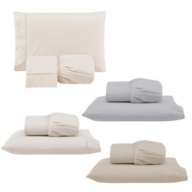 Imagem de Kit 4 Jogos de Lençol com Elástico e Fronha Bordada em Ponto Palito, 1 Casal Queen 198x158x35cm e 3 Solteiros 188x88x30cm (4 Jogos Versat (Queen:Palha e Solteiros:Palha/Cinza/Cáqui))