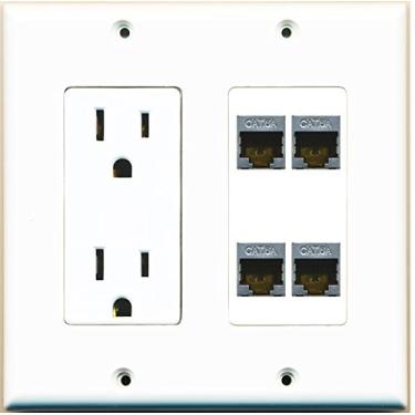 Imagem de RiteAV - (2 Gang Decorative) 15A Power Outlet 4 Port Cat6a Ethernet Wall Plate White Y
