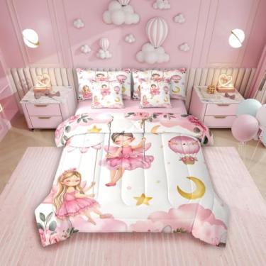 Imagem de Erosebridal Jogo de cama solteiro com estampa floral de fadas rosa, 7 peças, para meninas, crianças, lua e estrelas, lençol com elástico e lençol de cima