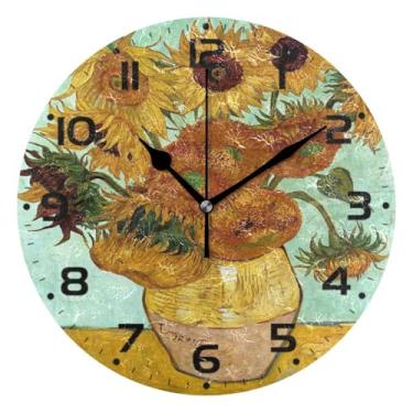 Imagem de JUZIHAI Relógio de parede de arte de girassol silencioso, sem tique-taque, relógios de parede redondos operados por bateria, fácil de ler, relógio decorativo de parede para casa, cozinha, sala de
