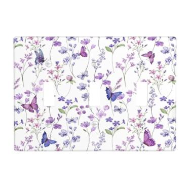Imagem de WJLKSJD Flores de borboleta roxa floral 3 gangues triplo interruptor de luz placa decorativa placas de parede placa elétrica interruptor de luz para quarto de meninas e banheiro