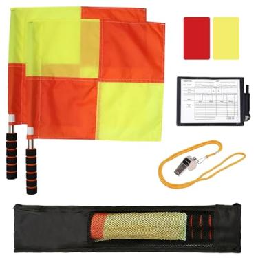Imagem de Funvalley Surperfect Kit de árbitro de futebol, 2 peças, bandeiras de futebol quadriculadas, cartas de referência amarelas vermelhas com caderno e lápis, apitos de aço inoxidável Coach com bolsa de