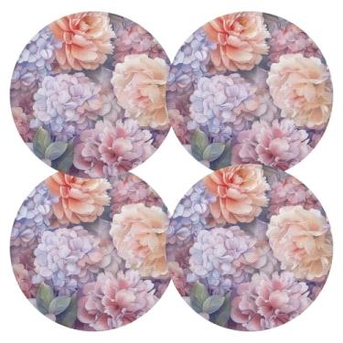 Imagem de Jogo americano de cozinha com flores de peônia pastel, conjunto de 4 tapetes de cozinha de PVC, 38 cm, jogo americano resistente ao calor para festa de Natal