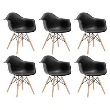 Imagem de Kit 6 Poltronas Eames De Madeira Com Braço Daw Com Assento Preto