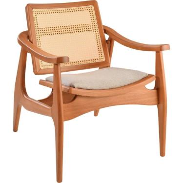 Imagem de Poltrona Sala Ametista Madeira Maciça Amêndoa Encosto Palha Sextava Assento Tecido Sued