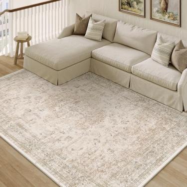 Imagem de PureCozy Tapete lavável para sala de estar, bege, vintage, envelhecido, para escritório, oriental, macio, fino, retro, antiderrapante, para sala de jantar, quarto, lavanderia, dormitório