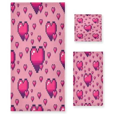 Imagem de Wassud Pixel Heart Conjunto de 3 toalhas de banho para dia dos namorados, toalhas super macias e absorventes para banheiro, toalhas de banho de secagem rápida, toalha de banho para academia, spa