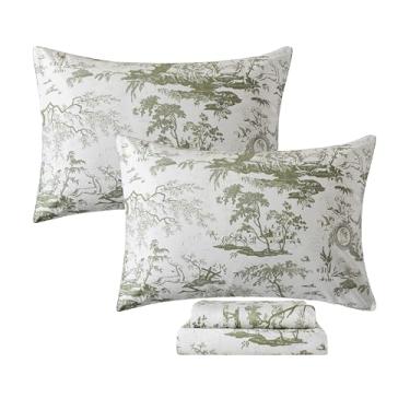 Imagem de FADFAY Conjunto de lençóis Queen verde sálvia Toile de Jouy com estampa pastoral campestre francês 100% algodão egípcio roupa de cama de fazenda respirável macio 4 peças conjunto de lençóis para todas