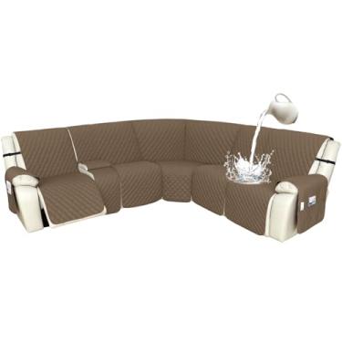 Imagem de Arfntevss Capas para sofá reclináveis 1OO% à prova d'água, em forma de L, capa de sofá reclinável em forma de L, protetor de canto lavável para cães (5 lugares com 1 console, marrom claro)