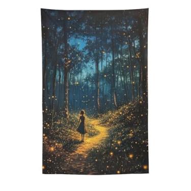 Imagem de Tapeçaria de parede Woman In Firefly Forest Path Encanting Night Nature Decor Starry Sky Art For Bedroom Living Room Magic Boho Style Hanging Decor Cozy Whimsical Accent, tapeçaria 152 x 239 cm