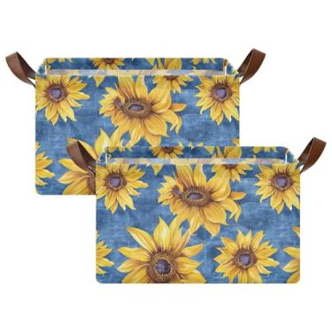 Imagem de Caixas de armazenamento de roupas com alças, caixas de armazenamento dobráveis para organização e armazenamento de sala de jogos 17 x 29 x 25 cm, girassóis azuis, pacote com 2