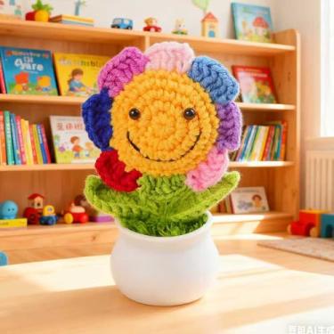 Imagem de Vaso de flores de crochê, vaso de girassol de crochê feito à mão, flores em vasos pequenos, ideais para mesas de casa, varanda, quarto e presente (girassol arco-íris)