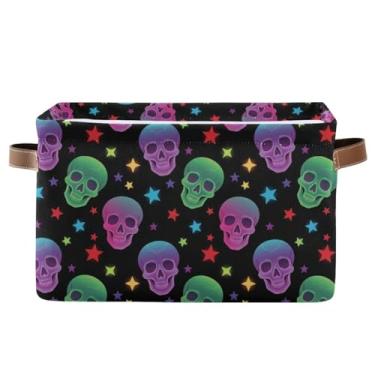 Imagem de Organizador de armário retangular dobrável – caixa de armazenamento dobrável de tecido dobrável para banheiro, roupas neon caveira estrela preta, 1 pacote