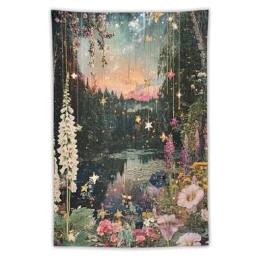 Imagem de Tapeçaria de parede extravagante floresta estrelada lago pendurado glitter galáxia noite cogumelos flores silvestres cottagecore decoração de sonho para quarto dormitório leitura recanto decoração