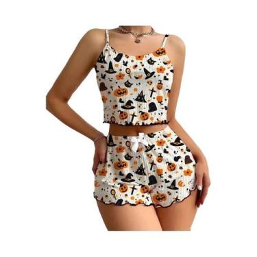 Imagem de Conjunto De Pijama Feminino Fofo De Halloween Com Estampa De Abóbora, 