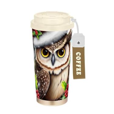 Imagem de TSENQUE Copo de café de 473 ml com tampa de canudo e filp, copo de café de aço inoxidável isolado a vácuo à prova de vazamento, coruja de Natal colorido