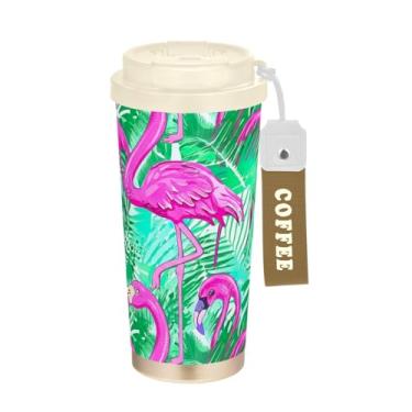 Imagem de TSENQUE Folhas de palmeira verde flamingo rosa, caneca de café de viagem 40 ml com canudo e tampa, copos de parede dupla isolados a vácuo com revestimento cerâmico para escritório, escola, festa
