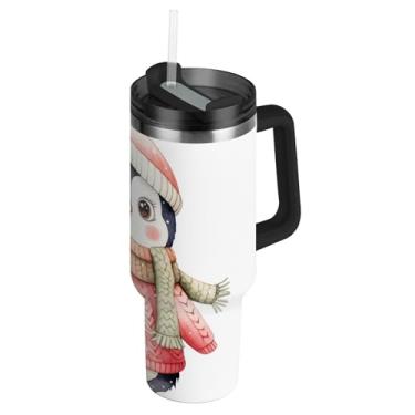 Imagem de Joisal Cute Penguin Copos brancos de inverno com tampas e canudo de aço inoxidável com isolamento de garrafas de água com alça copo de impressão de 850 g para quente e frio
