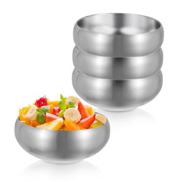 Imagem de Roucerlin 4 peças 4,1 x 1,9 polegadas/10,5 x 5 cm tigela pequena de aço inoxidável prata, 286.3 g/300 ml, tigelas de sopa de cereais de metal isoladas de parede dupla para sorvete, lanche, sobremesa