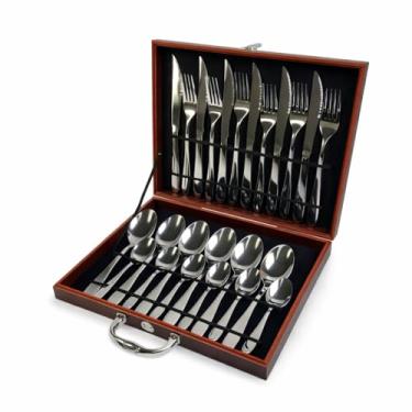 Imagem de Faqueiro 24 Peças em Aço Inox com Maleta · Talheres de Mesa e Sobremesa · Acabamento Espelhado · Estojo MDF Marrom