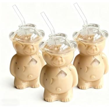 Imagem de Copo de palha de urso, copo de vidro de urso com canudo 340 g, canecas fofas, café, cervejas de vinho, coquetéis, copo de presente. (3 peças)