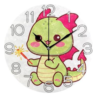 Imagem de GAIGEO Relógio de parede analógico de desenho animado de dragão verde fofo relógio de cozinha funciona por bateria silencioso, arte de parede moderna legal decoração de casa, 25 cm, ponteiros pretos
