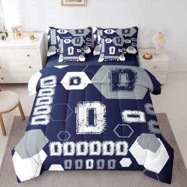 Imagem de Feelyou Conjunto de edredom com letra D, 7 peças, solteiro, estilo time de futebol de rúgbi, para crianças, meninos, meninas, alfabeto, números, azul-marinho, branco, microfibra macia e leve