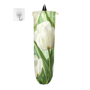 Imagem de Tulipas brancas em verde com folhas, pacote com 2 porta-sacolas de compras, dispensador de saco de compras de pano, bolsa de armazenamento de cozinha