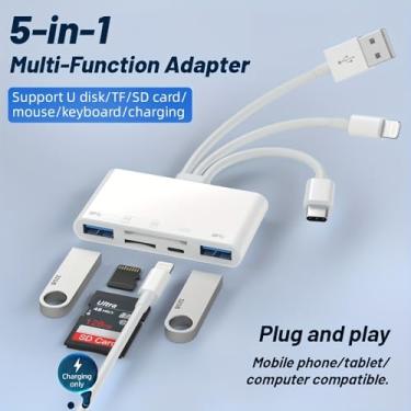 Imagem de Leitor de cartão de memória para vários dispositivos, adaptador USB OTG 5 em 1, com compartimentos para cartão micro SD e SD, suporta SD/Micro SD/SDHC/SDXC/MMC para iPhone/iPad, USB C e dispositivos