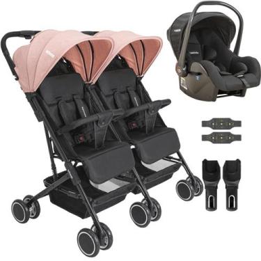 Imagem de Carrinho Kiddo para Gemeos com Bebe Conforto Mascote Rosa