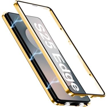 Imagem de [Material de metal] Capa para Samsung Galaxy S25 Edge, capa de celular externa com proteção contra quedas de grau militar com tela de vidro integrada e protetor de lente da câmera, capa de metal para