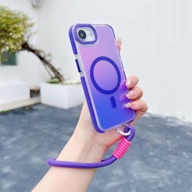 Imagem de Capa magnética gradiente para iPhone 16e, 14, 15 Plus, 16 Pro Max, 13Pro, 12, 11, pulseira fashion, cordão, capa à prova de choque, roxa, para iPhone 15 Plus