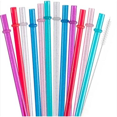 Imagem de Canudos de plástico reutilizáveis com glitter (12 peças) + escova de limpeza (compatível com 473 ml)