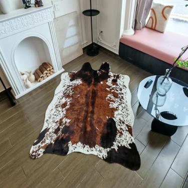 Imagem de JACCAWS Tapete de couro sintético grande (1,9 m x 2,5 m), tapete de estampa de vaca tricolor com padrão natural, tapete de couro de animal para quarto e sala de estar com suporte antiderrapante.