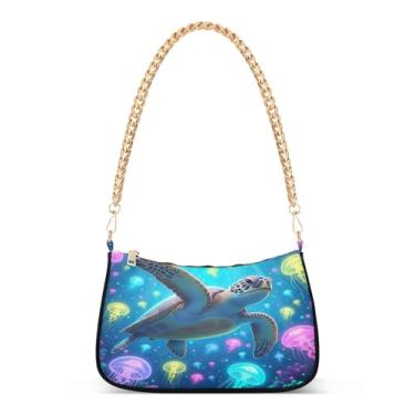 Imagem de Bolsa de ombro de água-viva brilhante tartaruga marinha, bolsa feminina artística Hobo, bolsa de mão média moderna para uso diário e festa