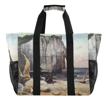 Imagem de Joitme Gustave Courbet Cliffs Prints Bolsas de viagem Mamãe grande dobrável à prova de areia piquenique mercearia reutilizável sacola de natação com desenho animado de praia para mulheres bolsas