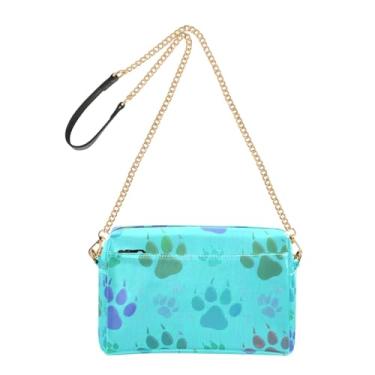 Imagem de Bolsa feminina transversal com estampa de pata de animal fofo bolsa azul para celular bolsa de couro PU alça de corrente