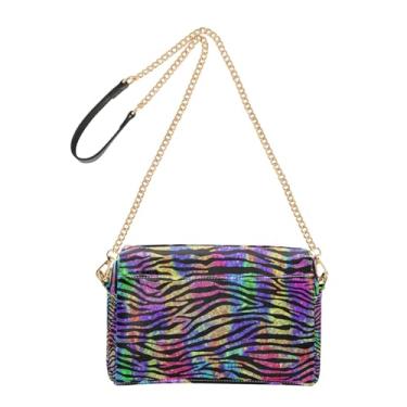 Imagem de Bolsa tiracolo com estampa de zebra com glitter arco-íris para mulheres, bolsa de ombro de couro sintético com alça de corrente, bolsa para celular