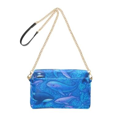 Imagem de Joitme Baleias marinhas criaturas marinhas azul bolsa feminina bolsa transversal bolsa para celular bolsa de ombro de couro PU com alça de corrente