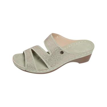 Imagem de Chinelo feminino moderno casual primavera e verão confortável strass cor sólida bico redondo bico aberto uma linha inferior grossa salto cunha, Verde, 36