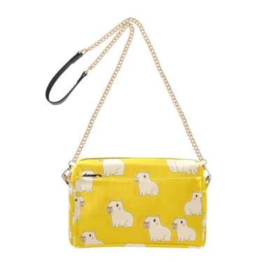 Imagem de Lindas capivaras de desenho animado amarelo bolsa feminina alça corrente couro PU bolsa de ombro bolsa para celular fofa