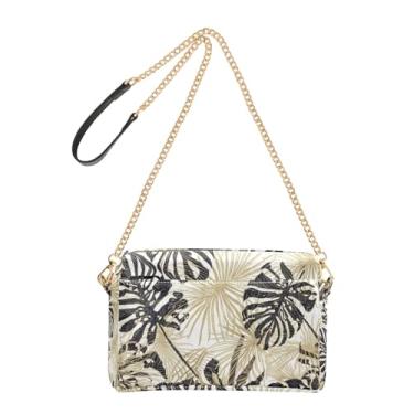 Imagem de Joitme Bolsa feminina tropical de folha de palmeira preta dourada para celular, alça de corrente, bolsa de ombro de couro sintético
