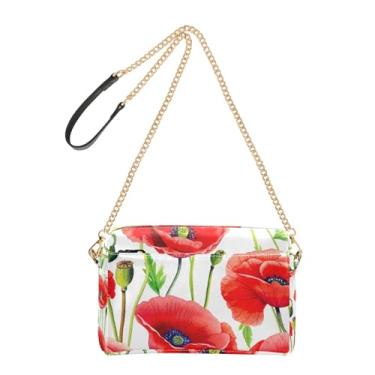 Imagem de Joitme Bolsa feminina transversal para telefone linda flores vermelhas vibrantes bolsa de ombro de couro PU branco com alça de corrente