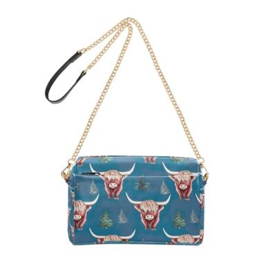 Imagem de Joitme Bolsas femininas transversais bolsa para celular bolsa de ombro de couro PU alça corrente azul vacas highland árvores de Natal