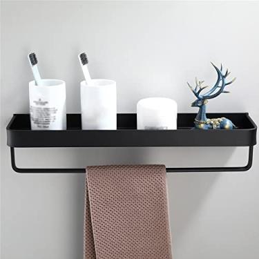 Imagem de Prateleiras de chuveiro, prateleira preta de banheiro com barra de toalha, prateleiras de canto de alumínio espacial, toalheiro com gancho, suporte de armazenamento de cozinha para chuveiro