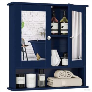 Imagem de Tangkula Armário de remédios para banheiro com espelho, organizador de parede de madeira com portas e prateleiras, armário de espelho de parede de banheiro (portas espelhadas, azul)