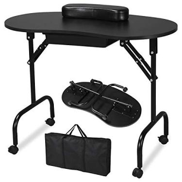 Imagem de Yaheetech Mesa de manicure portátil e dobrável de 94 cm, estação de trabalho com gaveta grande/almofada de pulso para cliente/rodas controláveis/estojo de transporte para salão de beleza de spa, preto